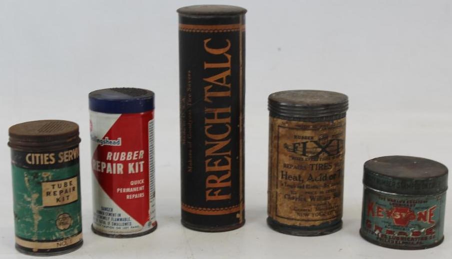 Group of 5 Tire Tube Repair Kits & French Talc: Largest is 6.5" x 2" x 2"