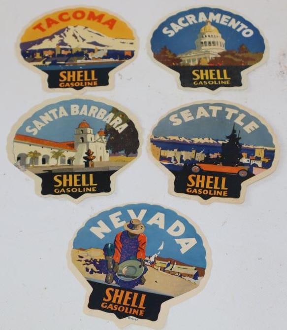Group of 5 1920's Nevada, Sacramento, Tacoma, Seattle, & Santa Barbara Shell Gasoline Window Decals: 4.25" x 4.75" each
