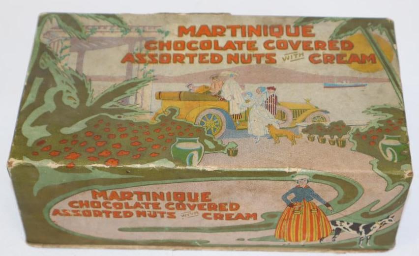 1920's Martinique Chocolate Covered nuts with Cream Advertising Box with Car Graphics: 7" x 4" x 2.5" and empty