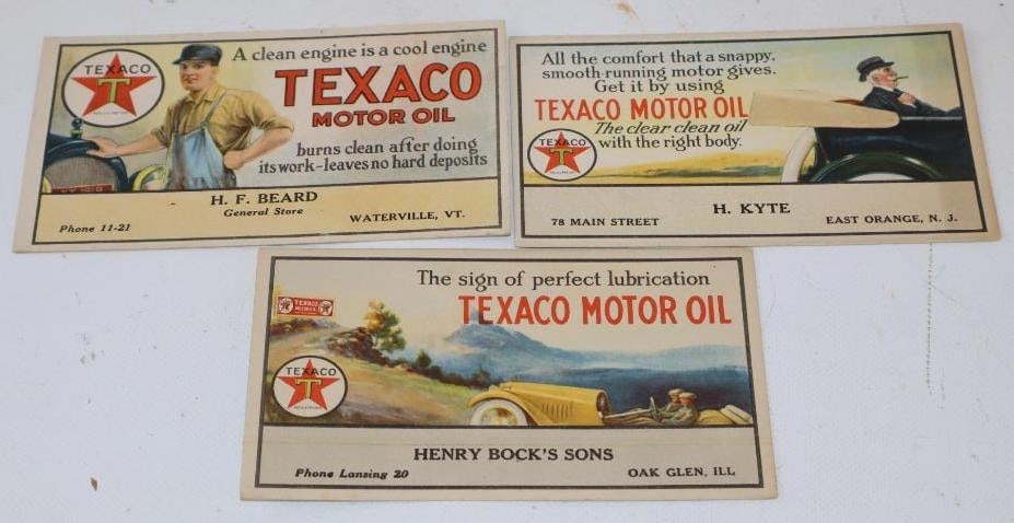 Group of 3 Different 1920's Texaco Motor Oil Advertising Ink Blotters: largest 6" x 3.5"