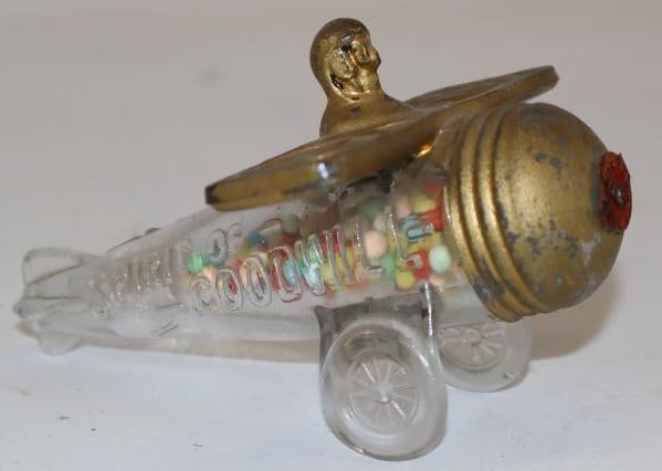 Spirit of Goodwill Glass Advertising Candy Container: 3.75" x 4.75" x 3", missing propellor