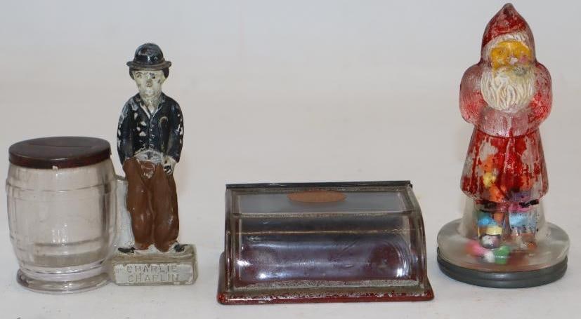 Group of 3 Borgfeldt & Co NY Charlie Chaplin, Santa Claus, and Display Case Glass Candy Containers (1 of 6)