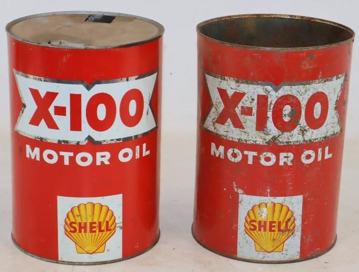 Group of 2 Shell X100 Five Quart Metal Oil Cans (1 of 2)