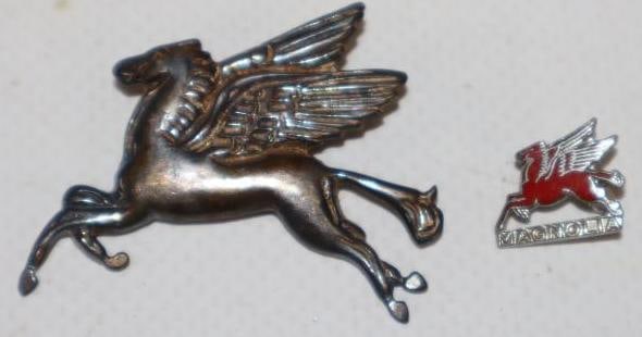 Group of 2 Mobil Pegasus Shaped Badges: Largest is 1.5" x 1"