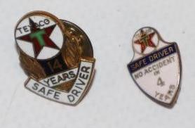 Group of 2 Texaco Cloisonne Safe Driver Pinback Badges: Largest is .5" x .75"