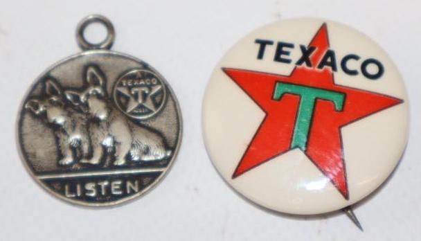 Group of 2 Texaco Listen Necklace Charm & Pinback Badge: Largest is 1.25" x 1.25"