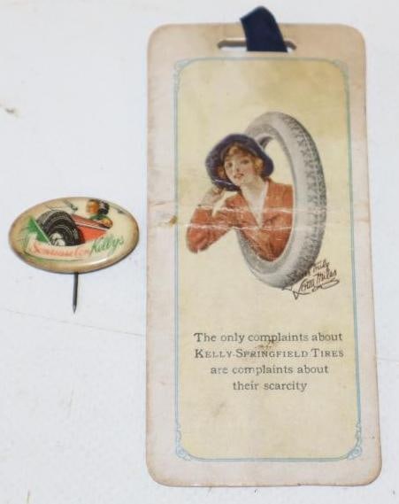Group of 2 Kelly-Springfield Tires Pin Back Badge and Cardboard Tag: largest 3.75" x 1.75"