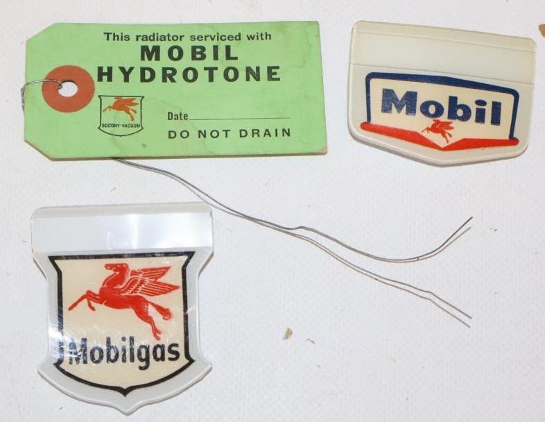 Group of 3 Mobilgas Employee Clip on Badges and Hydrotone Identification Cardboard Tag: largest 3.25" x 1.5"