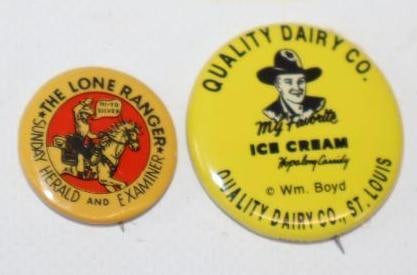 Group of 2 Lone Ranger and Quality Dairy Ice Cream Pin Back Badges: largest 1.25" x 1.25"