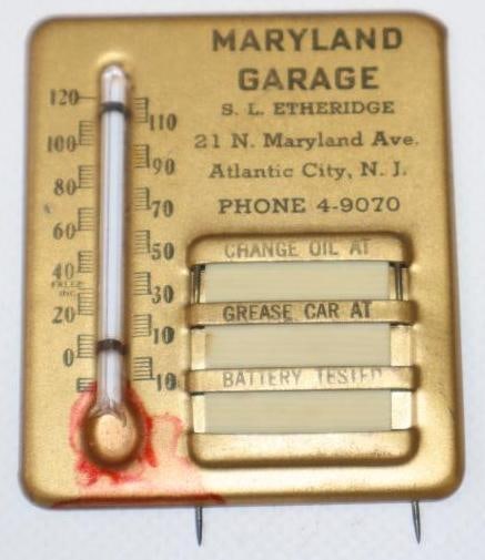 Maryland Garage Atlantic City Oil Change Reminder with Thermometer Visor Pin: 2.25" x 2.5", thermometer is broken
