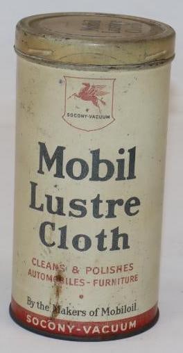 Mobil Lustre Cloth Advertising Tin: Contains cloth