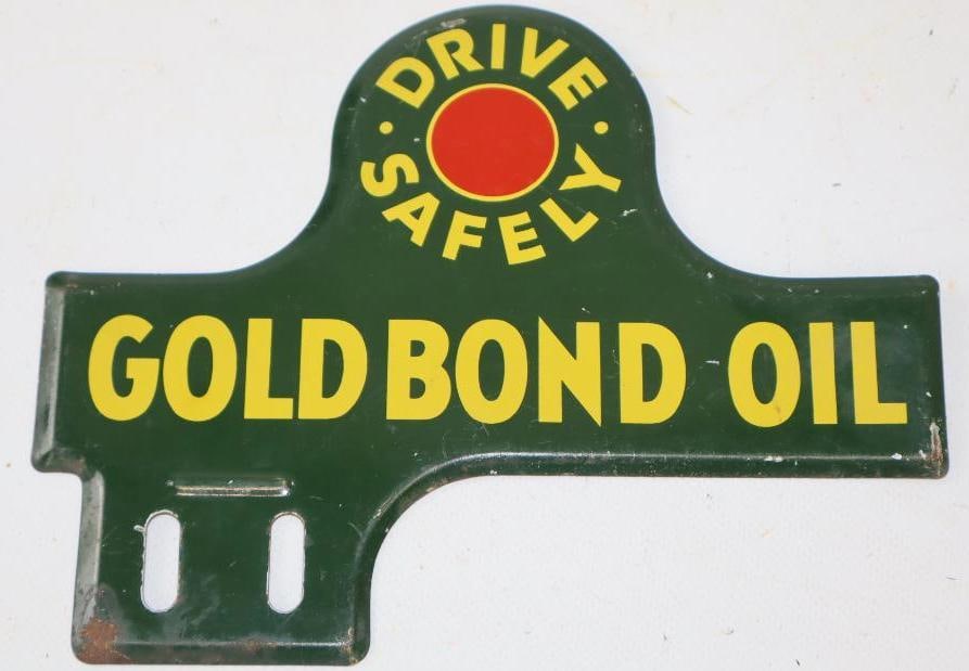 Goldbond Oil Drive Safely Tin Litho License Plate Topper (1 of 2)