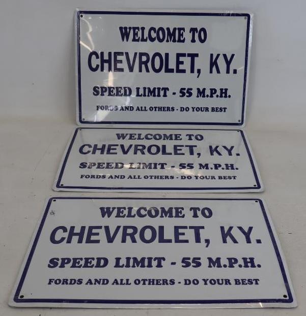 Group of 3 Embossed Welcome to Chevrolet KY Speed Limit 55 MPH Fords and All Others Do Your Best: 18" x 12" each