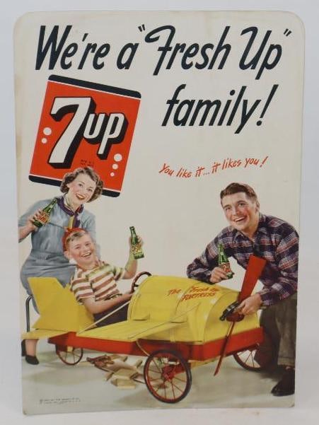 1949 We're a "Fresh Up" Family! 7-Up Cardboard Litho Easelback Countertop Display Sign (1 of 5)