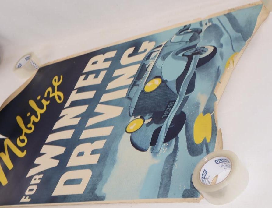 1930's Mobilize For Winter Driving Mobilgas Advertising Poster: 42" x 28", has some staining and tears along the edges
