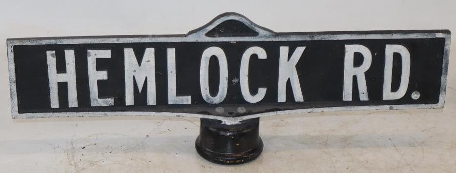 Double Sided Embossed Aluminum Humpback Hemlock Road Street Sign: 21" x 7.5" x 3.25" is stamped Lakeshore Makers, Erie PA