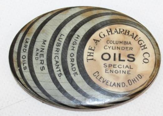 The A.G. Harbaugh Co Columbia Cylinder Special Engine Oils Cleveland Ohio Barrell Shaped Pocket (1 of 2)