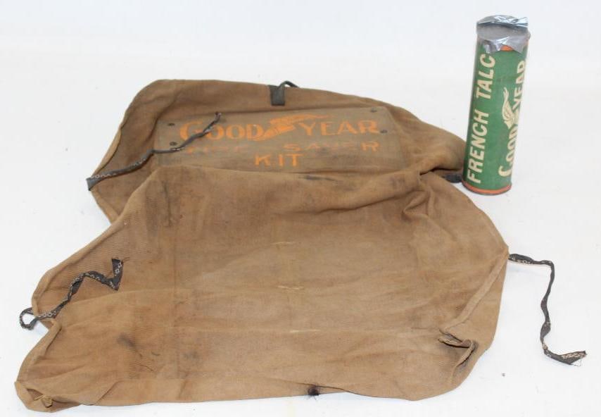 Goodyear Winged Foot Canvas Tire Saver Kit with French Talc and 3 Advertising Cans: 10.5" x 5" x 2"