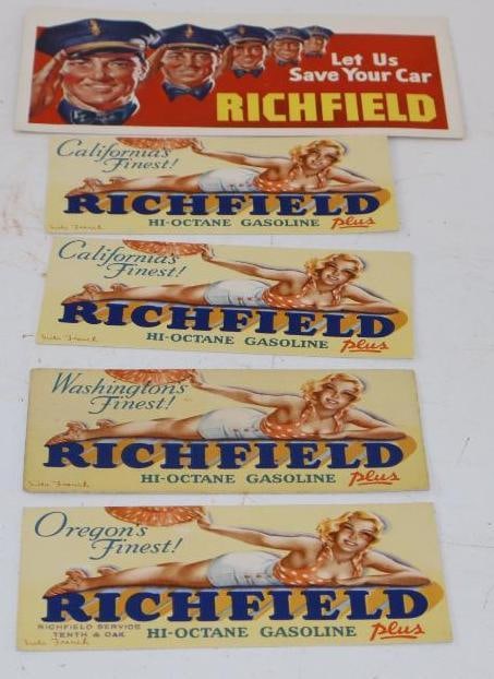 Group of 5 Richfield Gasoline Advertising Ink Blotters: largest 8" x 3.75"