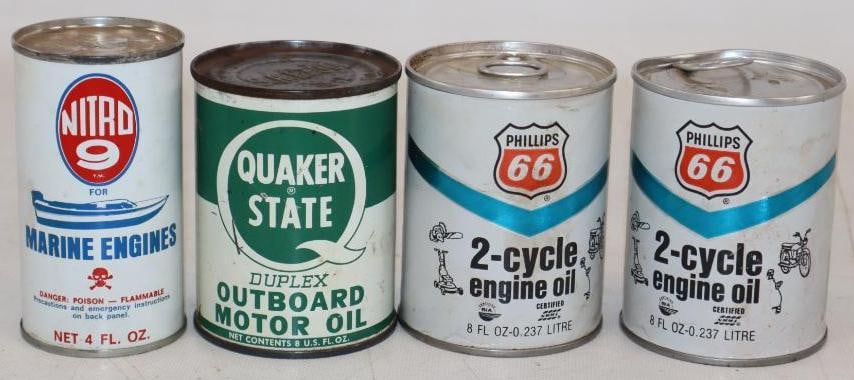Group of 4 Nitro 9, Quaker State, and Phillips 66 Outboard Motor Oil Cans: All are full. Largest is 8oz