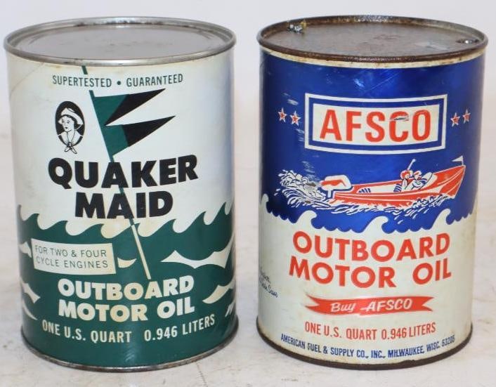 Group of 2 Quaker Maid & Afsco Outboard 1 Quart Composite Oil Cans: Both are empty