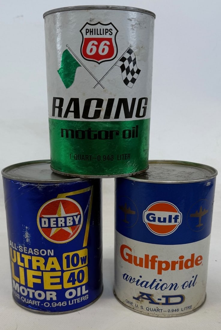 Group of 3 Derby, Gulf, & Phillips 66 Composite 1 Quart Oil Cans (1 of 2)