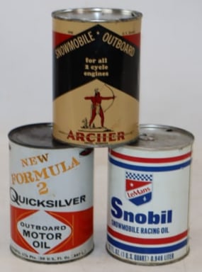 Group of 3 LeMans, Quicksilver, & Archer Outboard 1 quart metal oil cans (1 of 2)