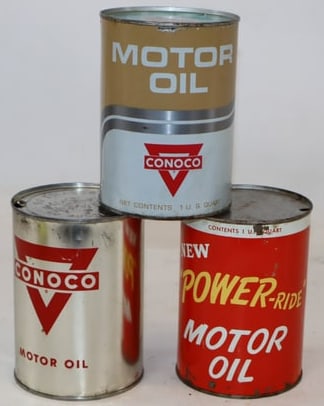 Group of 3 Conoco & Power-ride Metal 1 Quart Oil Cans (1 of 2)