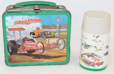 Drag Strip Embossed Metal Aladdin Lunchbox with Thermos: has wear around edges, with heavy denting. Lunchbox 8" x 7.5" x 3.75", thermos 3.25" x 3.25" x 6.75", lid does not appear to be original.