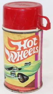 1969 Hot Wheels Lunchbox Thermos: 3.25" x 3.25" x 6.5"