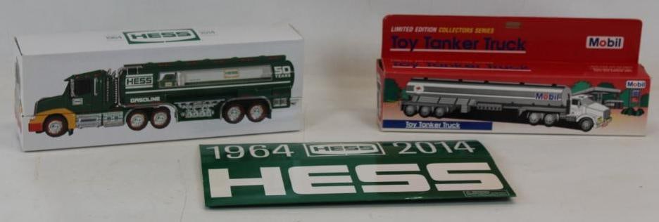 Group Of 2 Hess & Mobil Gas Station Tanker Trucks in Original Box: Largest is 15.5" x 3.5" x 5.5"