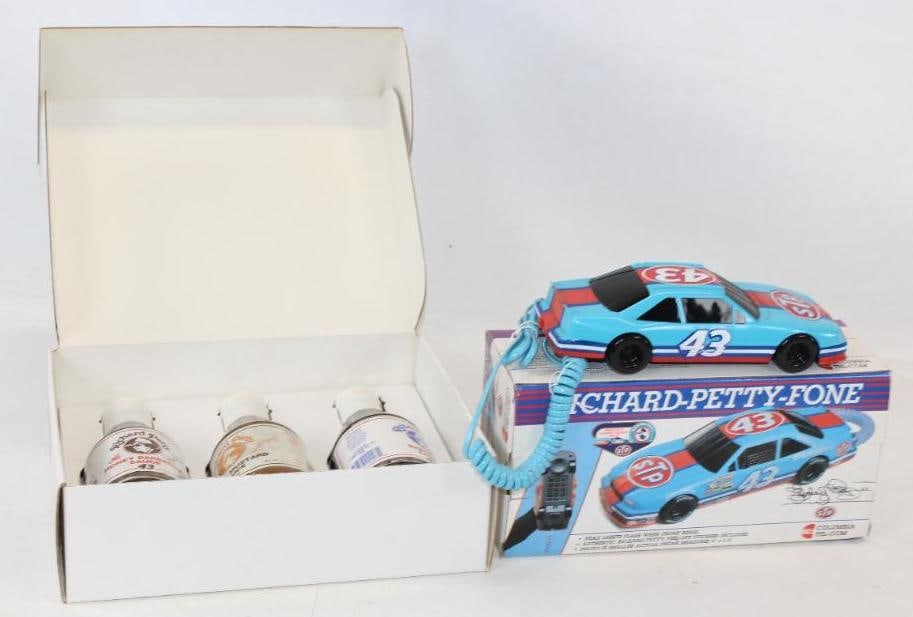 Group of 2 Richard Petty #43 Hot Sauce and Car Shaped Phone in Original Boxes: largest 12" x 9" x 3.75"
