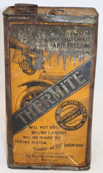 Early Thermite 1 Gallon Antifreeze Can with Car Graphics: Empty & drained from bottom