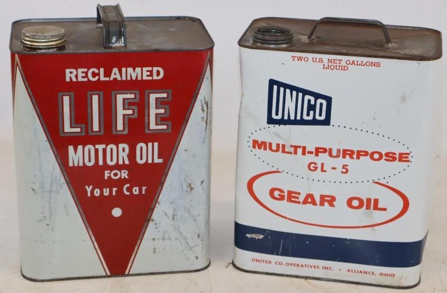 Unico and Life Two Gallon Metal Oil Cans: Unico missing lid. Empty. 2 Gallons