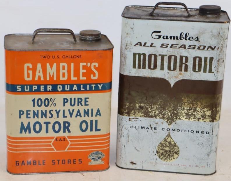 Group of 2 Gamble's Ten Quart, and Two gallon Metal Oil Cans: 10 quart is largest