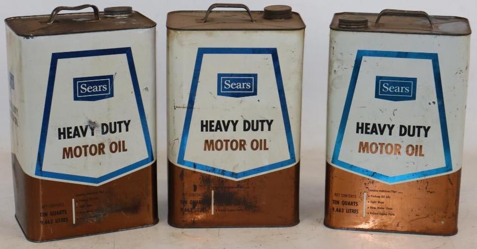 Group of 3 Sears HD Ten Quart Metal Oil Cans: 10 quarts each