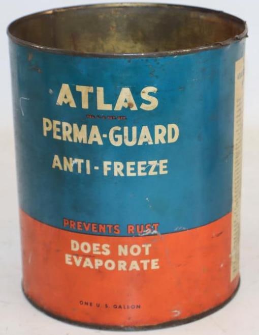 Atlas Perma-Guard Antifreeze Metal One Gallon Oil Can: Missing lid. Empty. 128oz
