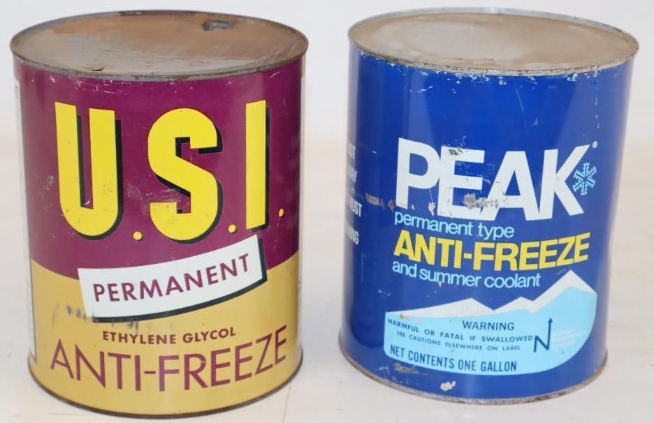 Group of 2 Peak, and U.S.I. Antifreeze Metal One Gallon Oil Cans (1 of 2)