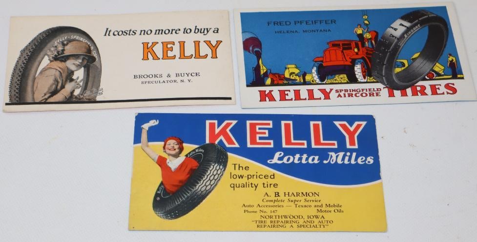 Group of 3 Kelly Tires Advertising Ink Blotters: largest 6.25" x 3.25"