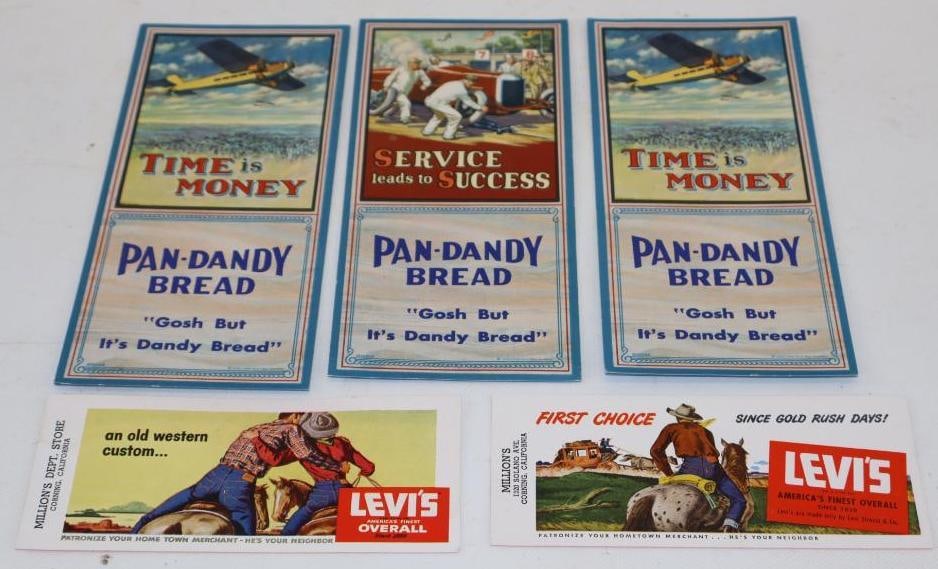 Group of 5 Levis Overalls and Pan-Dandy Bread Advertising Ink Blotters: largest 9" x 4"