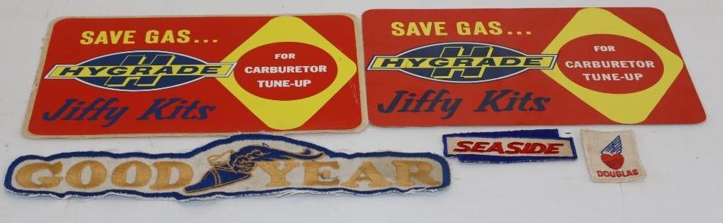Group of 5 Goodyear, Seaside, Douglas, and Hygrade Patches and Stickers: largest 10.5" x 7"
