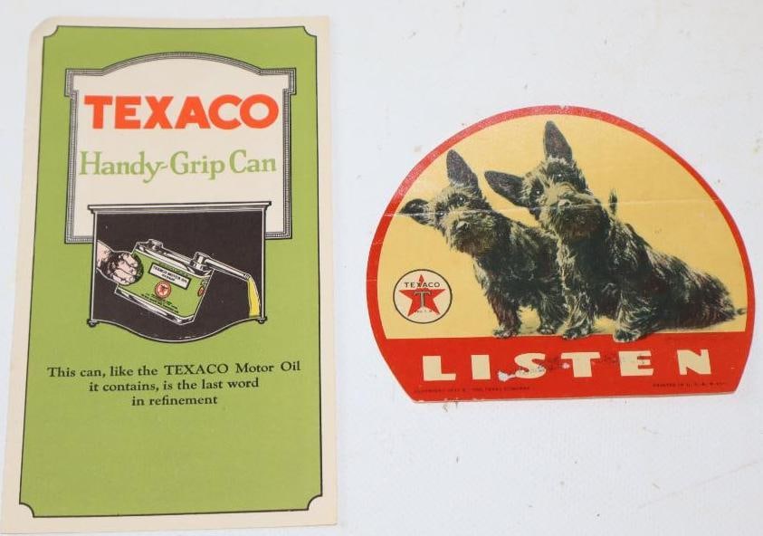 Group of 2 Texaco Port Arthur Handy Grip Can Pamphlet and Listen Decal Sticker: largest 6" x 3.25"