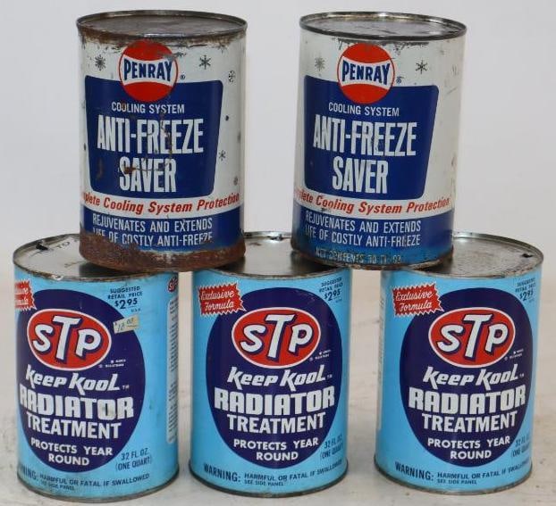 Group of 5 STP & Penray 1 Quart Antifreeze & Radiator Treatment Metal Cans: Empty