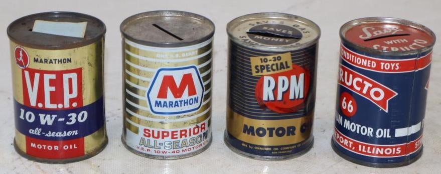 Group of 4 Structo, Marathon, and RPM Coin Banks: 2" x 2"x 2.75" each