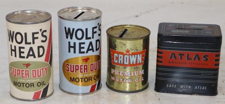 Group of 4 Wolfs Head, Crown, & Atlas Oil Can & Battery Banks (1 of 2)