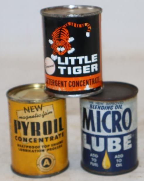 Group of 3 Micro Lube, Little Tiger, & Pyroil Top Oil Cans: 4 oz each, 2 are empty