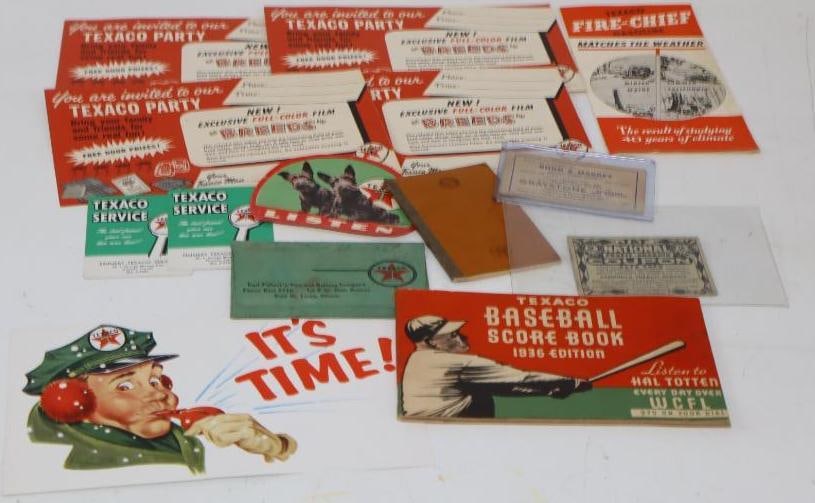 Large Group of Texaco Advertising Postcards, Scorebook, Coupons, & Stickers: Largest is 5.5"x 8.5" - 30's through 70's