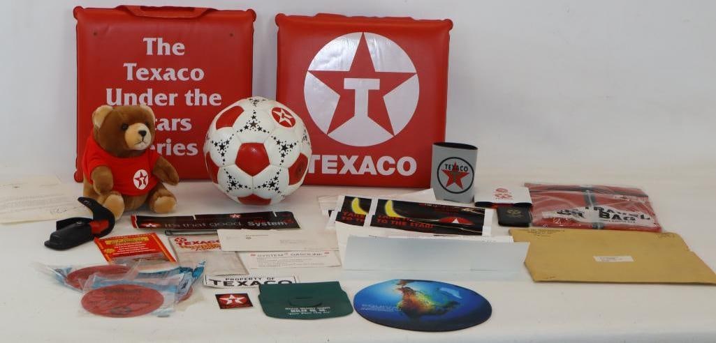 Large Group of Texaco Advertising Cushions, Soccer Ball, & Other Promotional Items: Largest is 13.5" x 13.5" x 1"