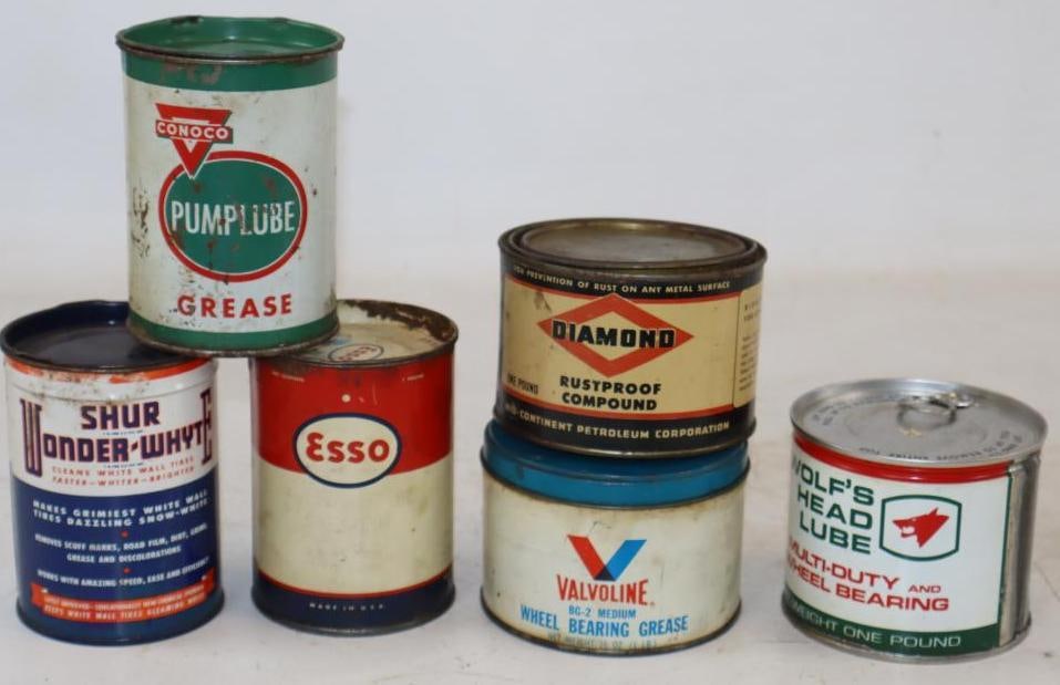 Group of 6 Esso, Conoco, Diamond, & Wolf's Head 1 LB Grease Cans (1 of 2)