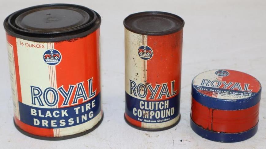 Group of 3 Royal Clutch Compound, Valve Grinding Oil & Black Tire Dressing Cans: Largest is 1 Pint, all are full